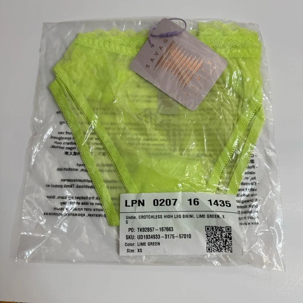 New Savage x Fenty Mesh Crotchless High-Leg Lime Green Bikini Undies - Picture 4 of 5